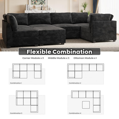 ovios 130.7" Modular Sectional Sofa Couch, U-Shaped Minimalist Couches with Sofa Bed Chaise, Modern Deep Seat Cloud Plush Corduroy Sofas Set for Living Room, 7 Seat, Black