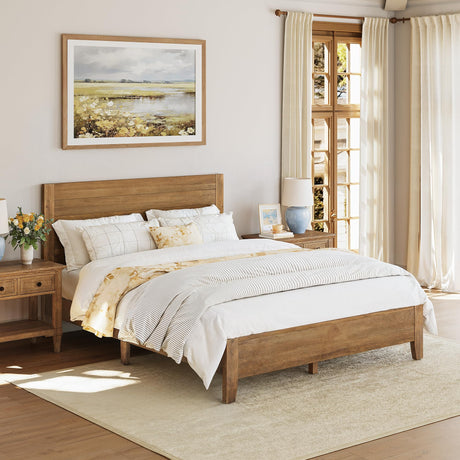 Cozyman Bed Frame Queen Size, Acacia Wood Platform with Headboard, No Box Spring Needed, 800lb Capacity, Non-Slip Without Noise, Easy Assembly, Dark Wood Cozyman