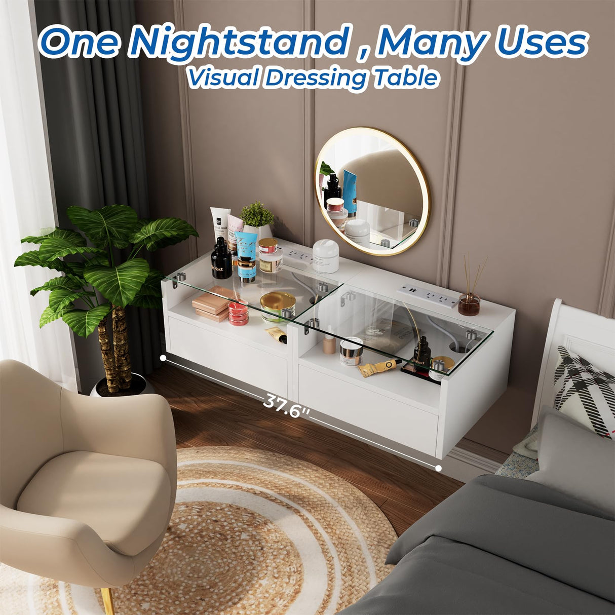 yacchi home Floating Nightstand Set with Charging Station, Floating Nightstand with Charging Station and LED, Night Stand for Living Room, Entryway Wall, Bedroom White Nightstand (1), FN864B1 yacchi home