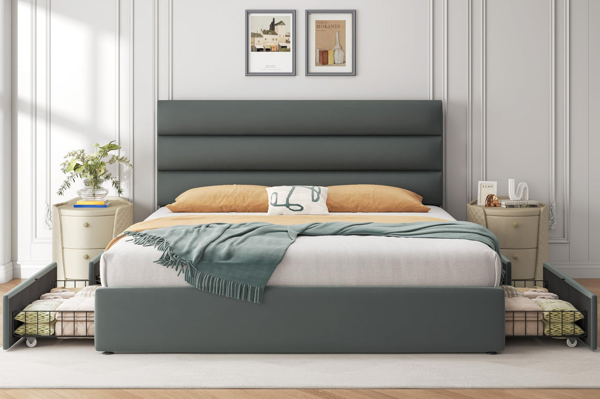 Lifezone Queen Bed Frame with Storage Drawers, Queen Size Platform Bed Frame with Velvet Upholstered Headboard, Metal Support, No Box Spring Needed, Noise-Free, Easy Assembly, Bedroom Furniture, Grey Lifezone
