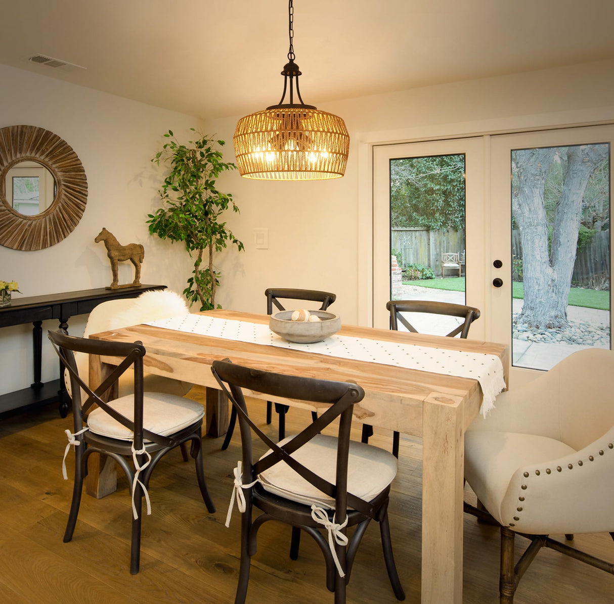 HMVPL Large Farmhouse Chandeliers for Dining Room, 5-Light Rattan Boho Chandelier Light Fixture with Wicker Lampshade, Coastal Hanging Pendant Lighting for Kitchen Island Bedroom Living Room Nursery HMVPL