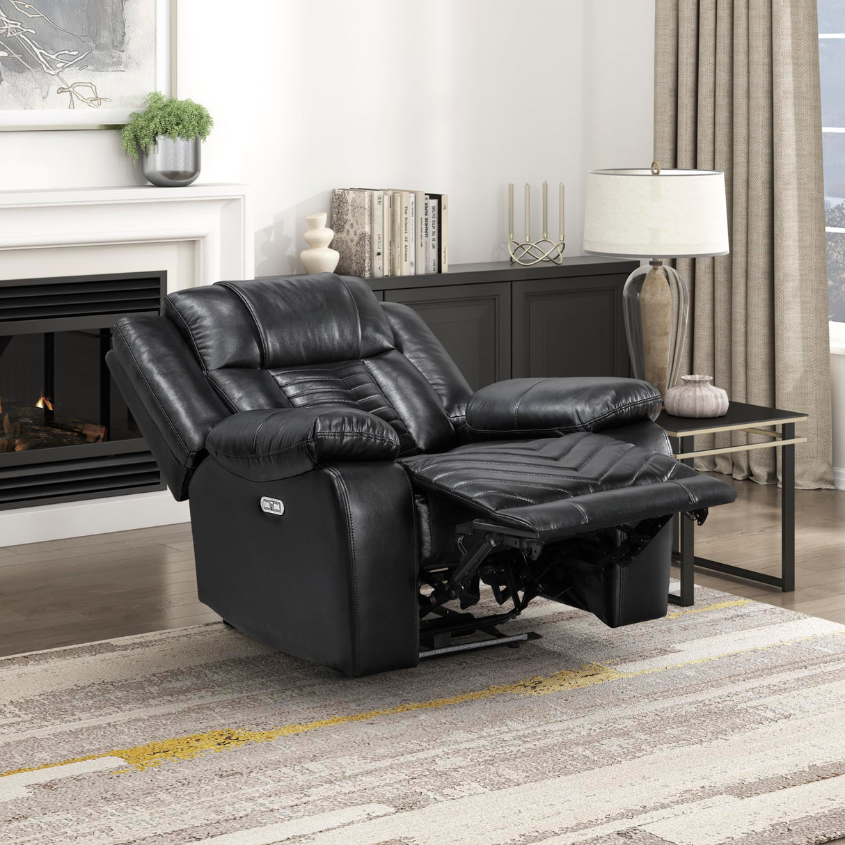 Lexicon Power Recliner Chair, Faux Leather Upholstered Home Theater Seating with LED Lighting, USB Charging Ports, Single Wall Hugger Reclining Chair for Living Room/Bedroom Easy Assembly, Black Lexicon