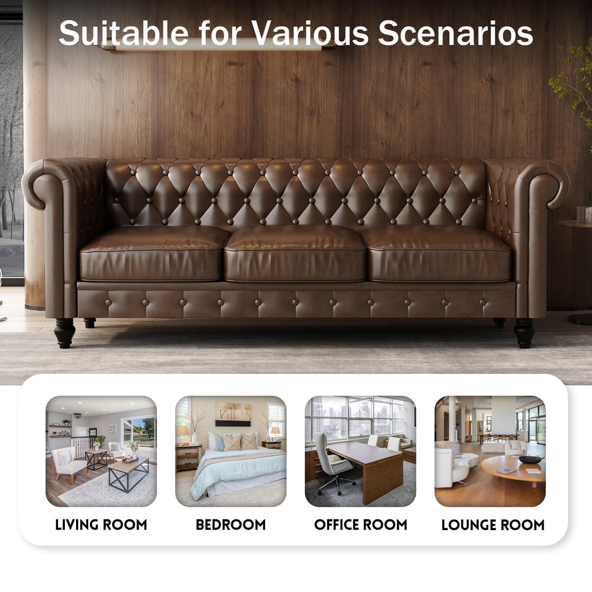 LaiBiKe Leather Brown Sofa for Living Room Chesterfield 3 Seater Couch Sofa Comfortable Soft Sturdy Durable Furniture for Office Bedroom Apartment Hotel Place (03-Brown-80) LaiBiKe