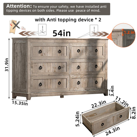 Joaxswe Farmhouse 6 Drawers Dresser for Bedroom, 54 Inch Wide Wood Dresser Chest of Drawers, Vintage Design TV Stand, Rustic Storage Dressers Organizer for Bedroom, Living Room, Hallway-Oak Joaxswe