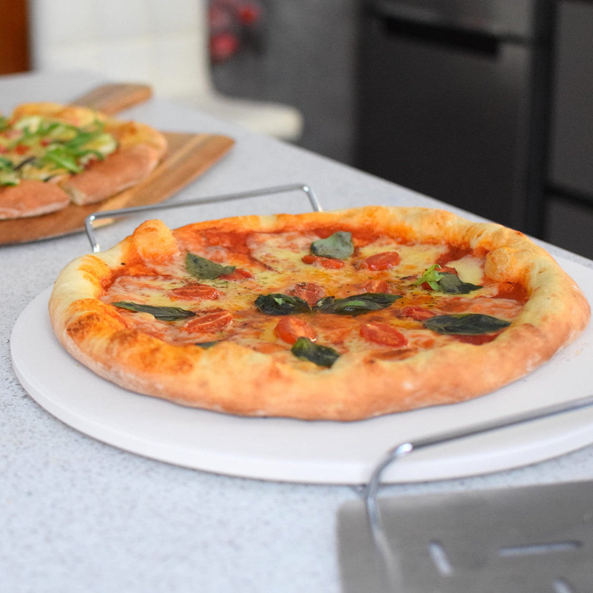 16" Pizza Stone for Oven & Grill with Handles - Natural Cordierite Baking Stone Set with SS Rack & Plastic Scraper (1500 °F Resistant, Round, Large) KitchenStar