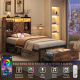 TIGUBFRE Twin Size Bed Frames with Storage Headboard and 3 Drawers, Farmhouse Platform Bed Frame with Charging Station & LED Lights, Metal Slats Support, Noise Free, No Box Spring Needed, Rustic Brown TIGUBFRE