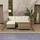 WiberWi Patio Furniture Set 3 Piece Outdoor Sectional Sofa Couch All Weather Rattan Wicker Conversation Set with Acacia Wood Coffee Table for Backyard Porch Garden Balcony, Waterproof, Beige WiberWi