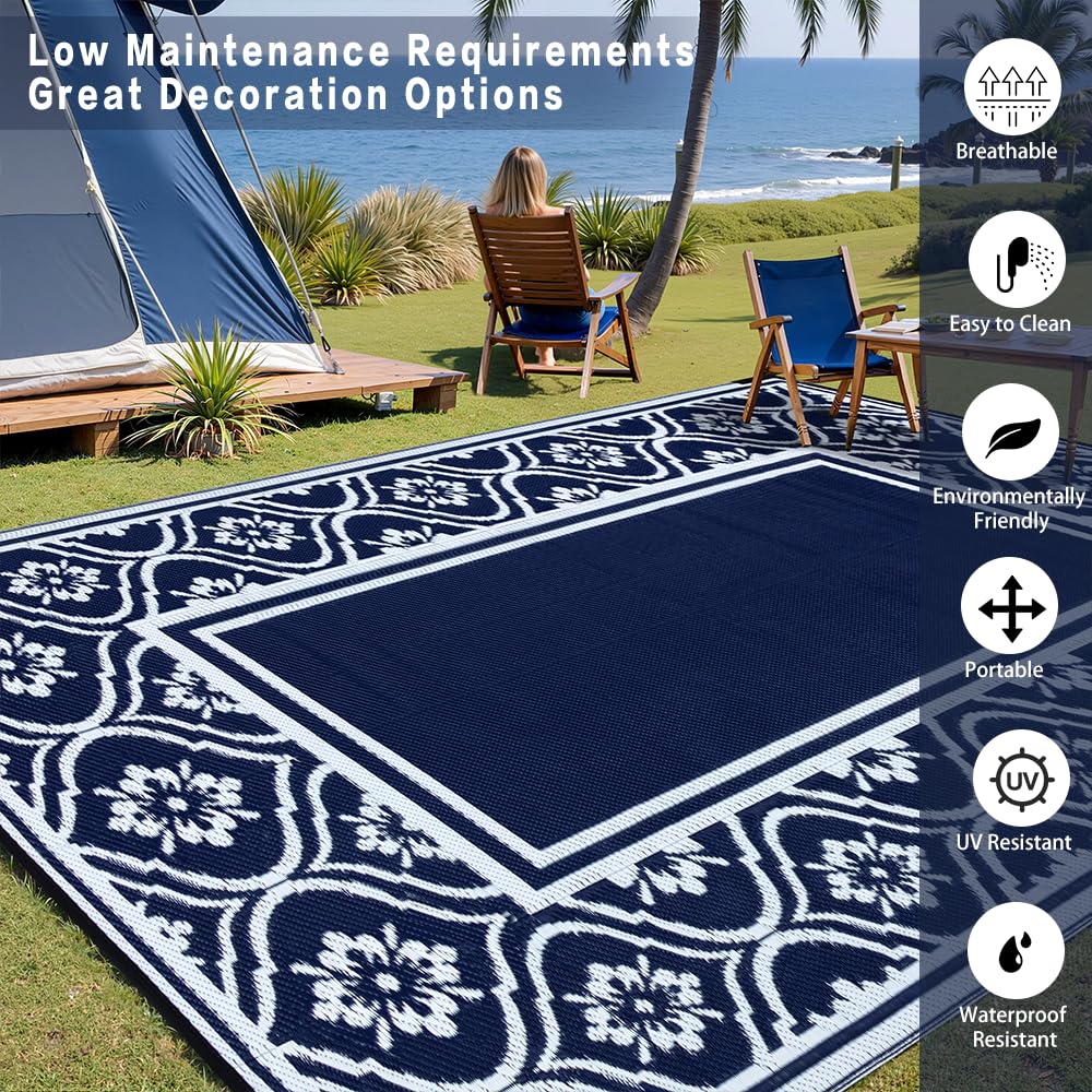 HUGEAR RV Outdoor Rug Waterproof Mat 9'x12' Camping Carpet Blue Outside Area Rugs Reversible Rugs for Deck Entryance Porch Picnic Balcony Beach HUGEAR