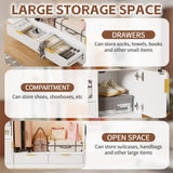 PAKASEPT Wardrobe Closet, 64.9" Freestanding Armoire System with 6 Display Storage Cabinet & Hanging Rods & 2 Wood Drawers, Cloth Garment Rack with Multi Color Light, Walk-in Closet, White PAKASEPT