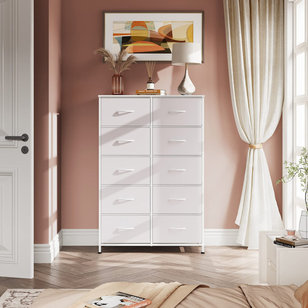 WLIVE Fabric Dresser for Bedroom with 10 Drawers, Tall Chest of Drawers, White Dressers Bedroom Furniture, Storage Organizer Unit with Bins for Closet, Hallway, Living Room, Entryway WLIVE