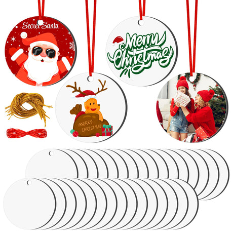 Joyclub 35 Pcs 3'' Sublimation Ornament Blanks MDF Sublimation Christmas Ornaments Bulk Round Double Sided Ornaments for Personalized Xmas Tree Ornament Home Decor DIY Crafts Joyclub