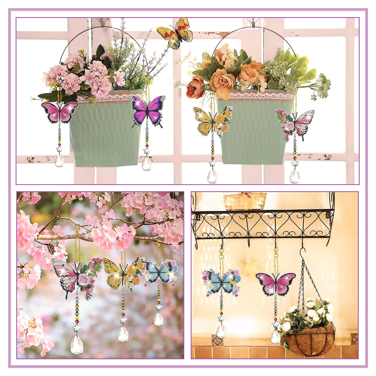 JeCuiK 6 Pcs Diamond Painting Butterfly Wind Chimes Kits 5D DIY Crystal Diamonds Painting Suncatcher Christmas Ornament Double Sided Diamond Art Keychains Pendant Best Gifts for Mom JeCuiK