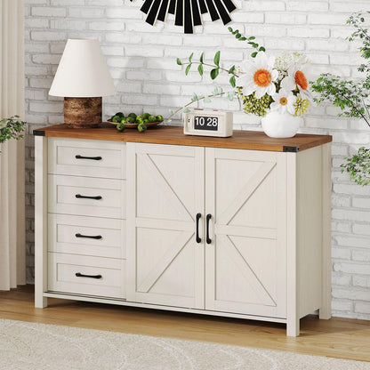 Vabches 47.24" Buffet Cabinet with Storage, Farmhouse Sideboard Buffet Cabinet with 2 Sliding Barn Doors, 4 Drawers Coffee Bar Cabinet with Adjustable Shelf for Kitchen, Living Room