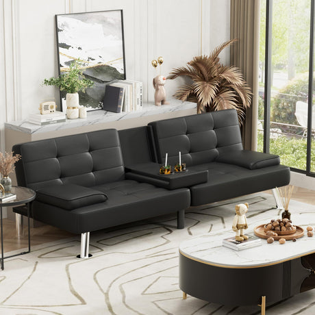 JUMMICO Faux Leather Futon Sofa Bed Futon Couch with Removable Armrests Adjustable Sleeper Sofa Bed with 2 Cup Holders for Living Room (PU Leather, Black) JUMMICO