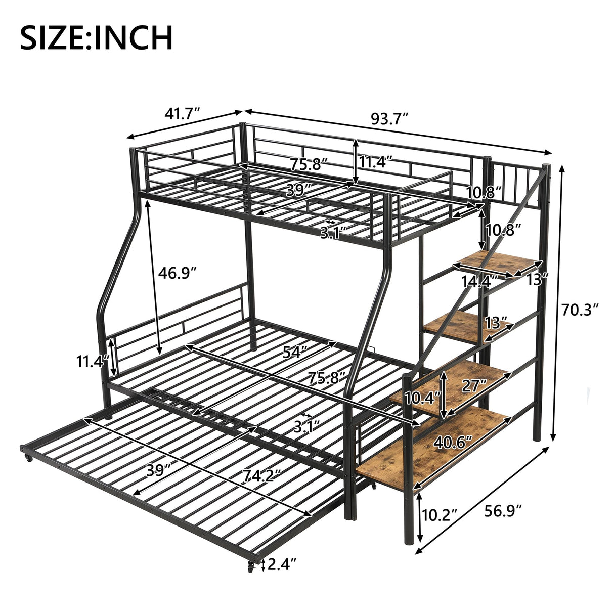 Twin Over Full Bunk Bed with Trundle and Stairs, Metal Bunk Bed with Storage, Black Bellemave