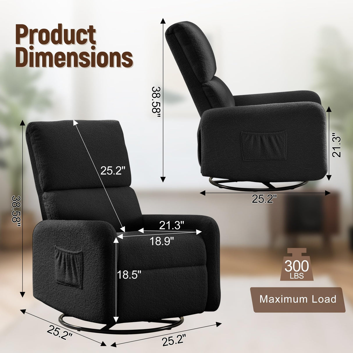 Korser 360° Swivel Glider Chair, Rocking Chair Nursery with Side Pockets, Deep Cushioned Seat, Nursery Chair with Steel Structure Base, Sherpa Swivel Chairs for Living Room, Bedroom, Baby Room Korser