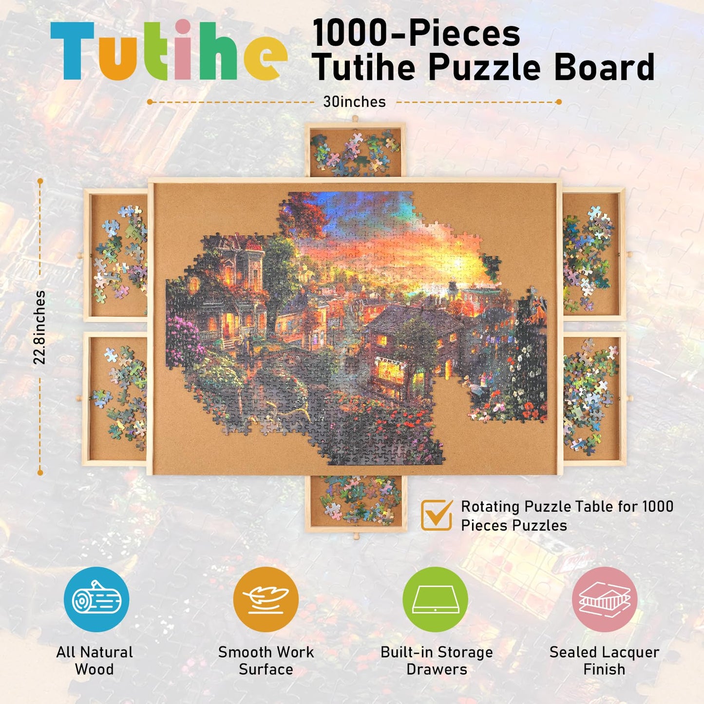 1000 Piece Rotating Puzzle Board with Drawers and Cover,23"x30"Portable Wooden Jigsaw Puzzle Table for Adults Portable,Lazy Susan Spinning Puzzle Boards Birthday Gift for mom