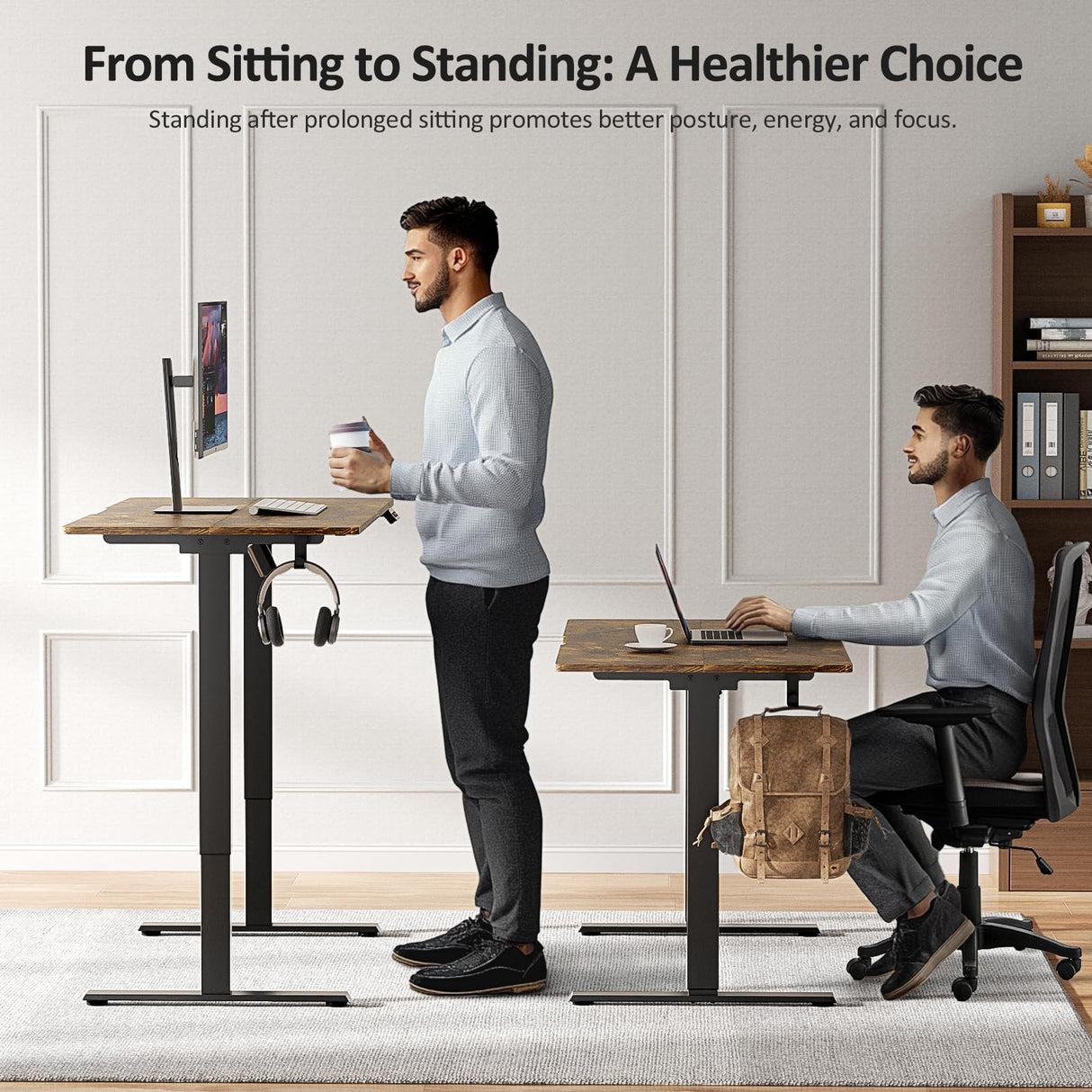 VVENACE 63 Inch Electric Standing Desk Adjustable Height with Wheels,Sit Stand Up Desk,Home Office Desk,Computer Workstation Desk,Gaming Desk,Rolling Desk,Work Desk (Spliced Desktop,Rustic Brown) VVENACE