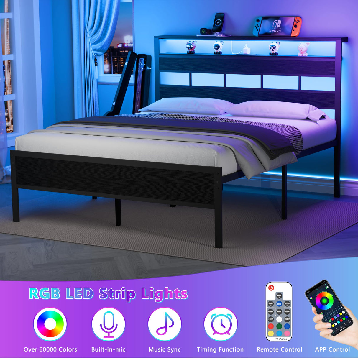 Furnulem Queen Bed Frame with Storage Headboard and LED Lights, Metal Bedframe with Charging Station and USB Port, Queen Size Platform Bed with Heavy Duty Slats, No Box Spring Needed, Black Oak Furnulem