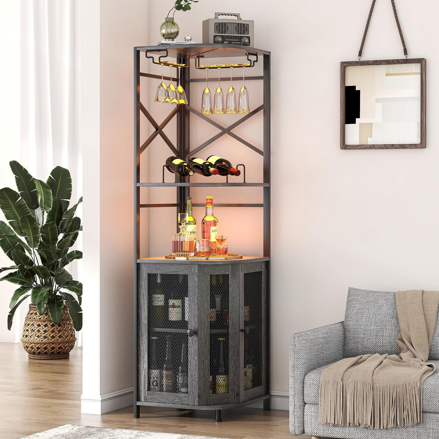 Aufvolr Corner Bar Cabinet with Power Outlet, 5-Tier Industrial Wine Cabinet with LED Strip and Glass Holder, LED Liquor Cabinet Bar Unit for Home, Corner Display Cabinet for Small Space, Grey