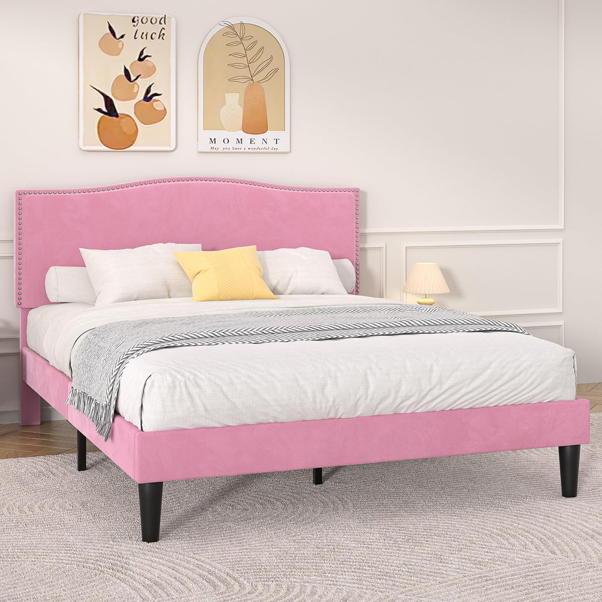 VECELO Full Bed Frame Platform Bed Frame with Upholstered Headboard, Strong Frame and Wooden Slats Support, Strong Weight Capacity, Non-Slip and Noise-Free, Easy Assembly VECELO