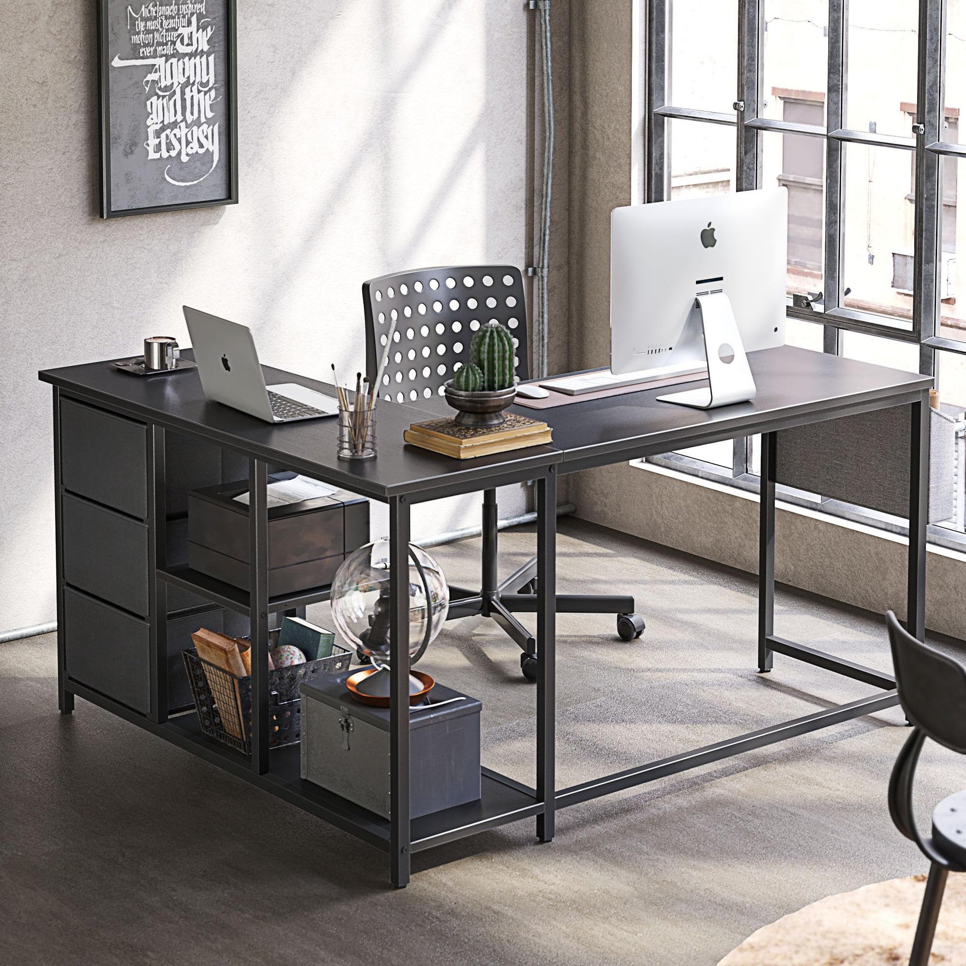 Treesland Black L Shaped Desk with Drawers and Storage Shelves for Home Office - WoodArtSupply