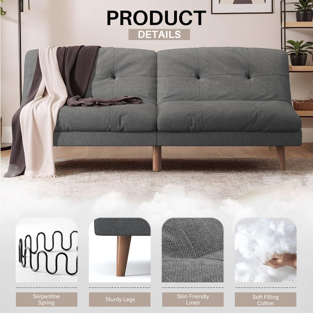 Homall Futon Couch, Modern Futon Sofa Bed with Adjustable Backrest, Convertible Sleeper Sofa Bed for Small Apartments, Loveseat, Office (Fabric, Grey) Homall