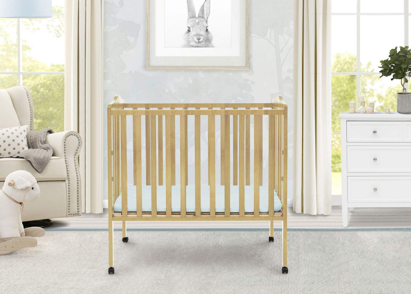 Delta Children Folding Portable Mini Baby Crib with 1.5-inch Mattress - Greenguard Gold Certified, Natural - WoodArtSupply