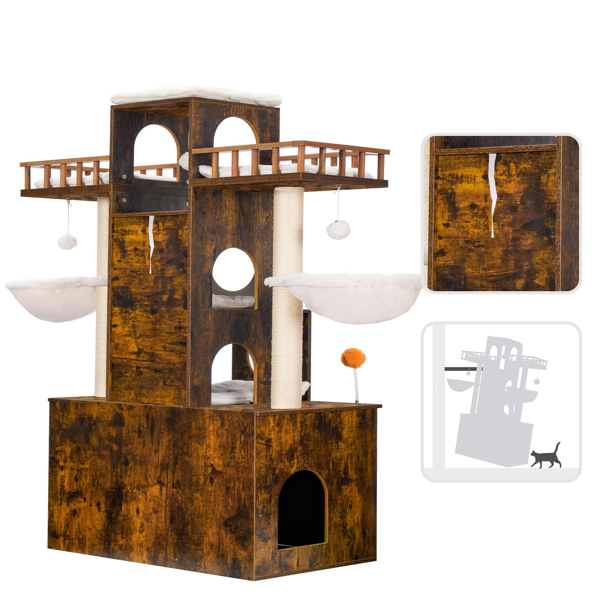 Heybly Cat Tree with Litter Box Enclosure for Indoor Big Cat, Cat Tower for Large Cats 20 lbs Heavy Duty, Modern Cat Condo Furniture with Scratching Posts, Rustic Brown HCT110SR Heybly