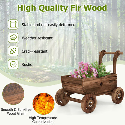 S AFSTAR Wooden Wagon Planter Box, Mobile Garden Planter with 4 Wheels, Handle, Drain Hole, Decorative Flower Planter for Indoor & Outdoor Decor, Wooden Flower Cart for Patio, Garden, Balcony - WoodArtSupply