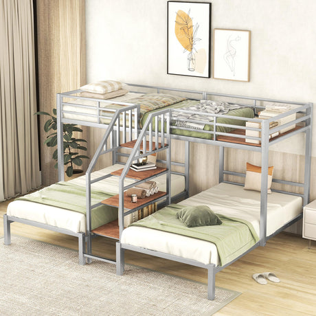 Harper & Bright Designs Metal Triple Bunk Bed with Stairs, 3 Beds Bunk Bed, Twin Over Twin & Twin Bunk Bed with Storage Shelves Staircase, for Kids Teens Adults, Silver Harper & Bright Designs