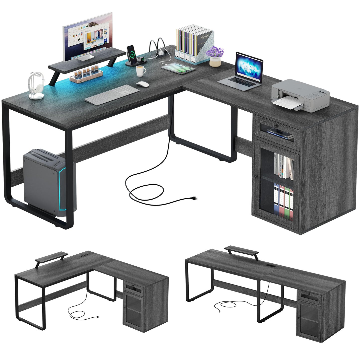 YITAHOME L Shaped Desk with Power Outlets & LED Lights, Reversible Computer Desk with Drawer & File Cabinet, Corner Office Desk with Monitor Stand, L-Shaped Gaming Desk, Grey