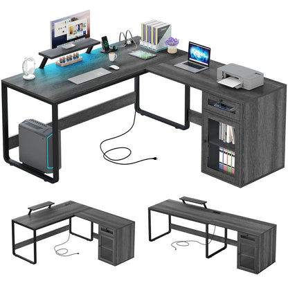 YITAHOME L Shaped Desk with Power Outlets & LED Lights, Reversible Computer Desk with Drawer & File Cabinet, Corner Office Desk with Monitor Stand, L-Shaped Gaming Desk, Grey