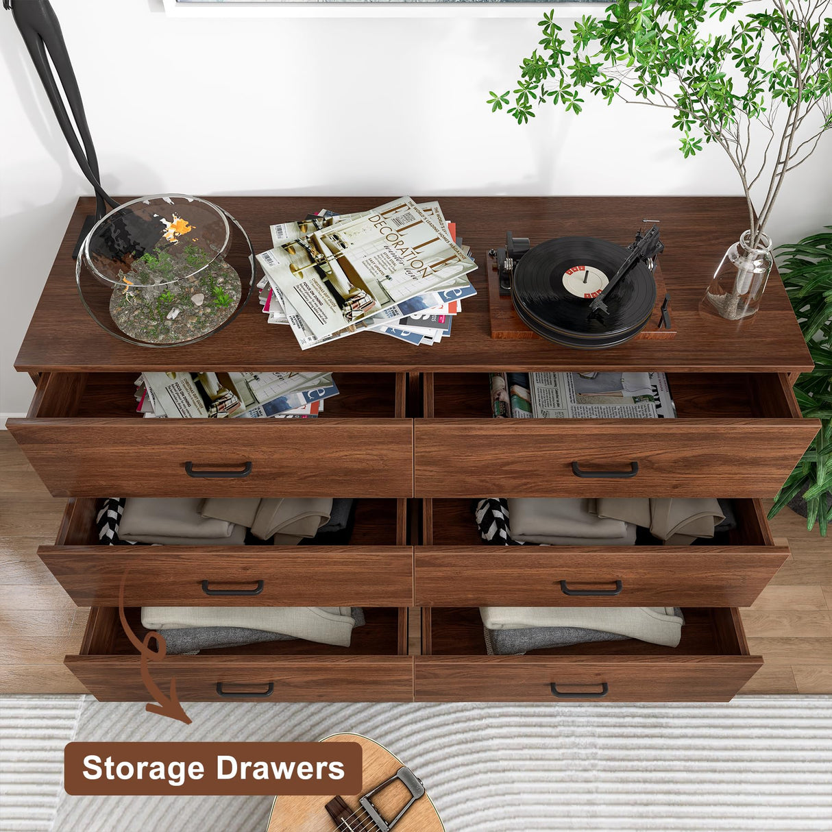 Bigbiglife Wood Dresser for Bedroom, 6 Drawer Double Dresser, Modern Chest of Drawers with Deep Drawers, Large Storage Organizer for Living Room, Closet,15.8" D x 47.2" W x 27.7" H (Walnut Brown) Bigbiglife