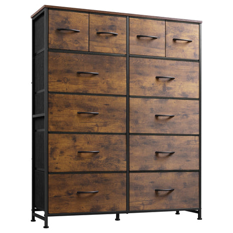 WLIVE Tall Dresser for Bedroom with 12 Drawers, Dressers & Chests of Drawers, Fabric Dressers for Closet, Storage Dresser Organizer with Steel Frame, Wood Top, Rustic Brown Wood Grain Print WLIVE