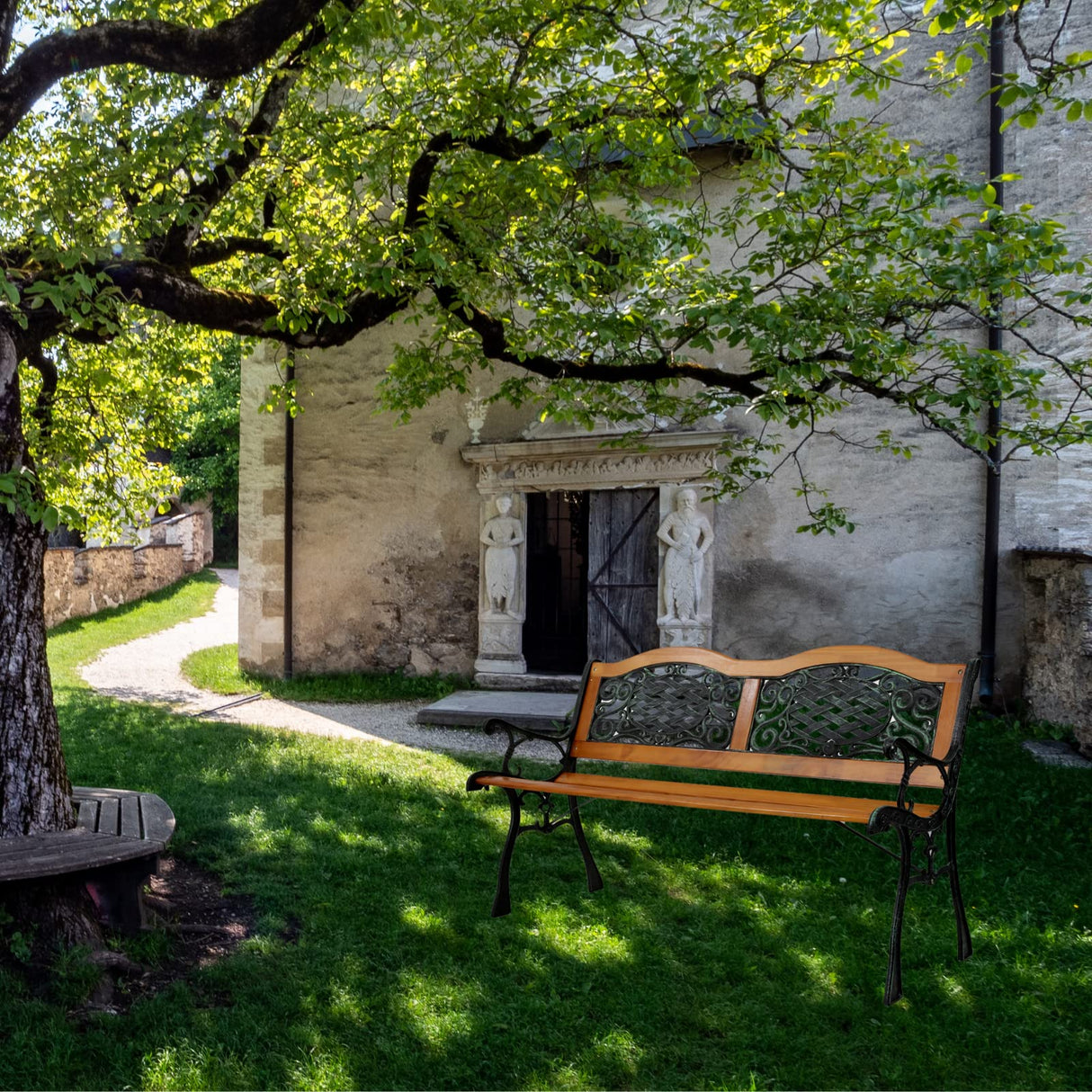 Outvita 49.5in Garden Bench, Patio Wood Love Seat with Metal Armrest Retro Style for Patio Porch Deck Yard Lawn Poolside(Classical) Outvita