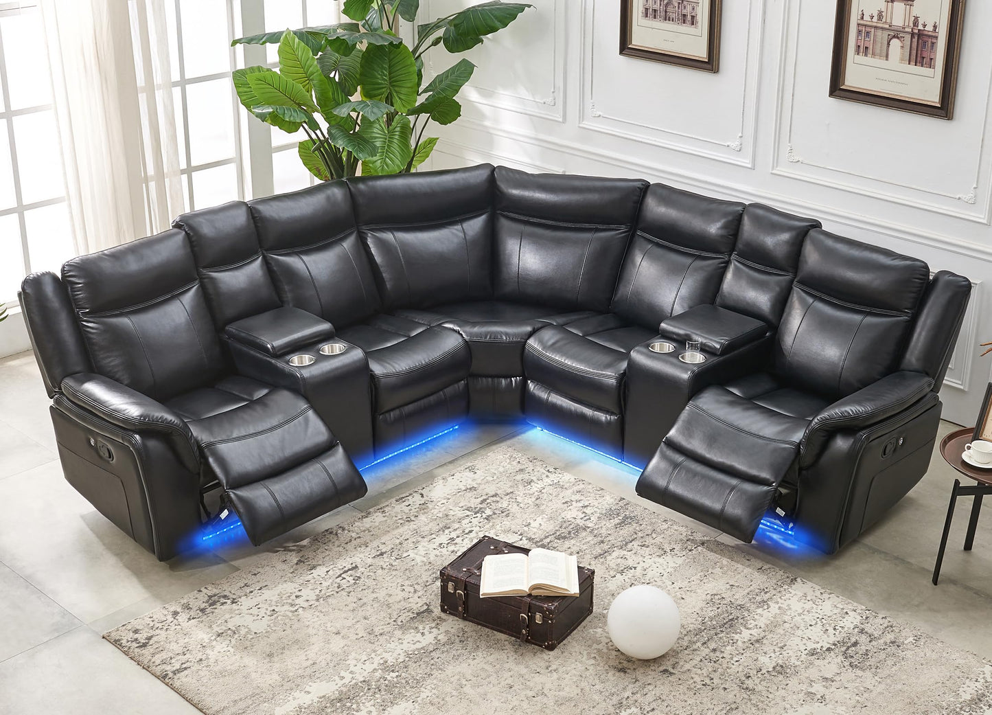 Manual Recliner Sofa Sectional Couches with LED Light for Living Room, Leather Reclining Corner Sectionals Sofa Couch Sets with 2 Theater Recliner Seat, USB, Cup Holder, Storage Console for Home,Black