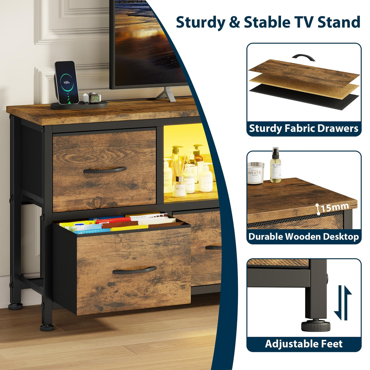 Lulive TV Stand for Bedroom, LED Rustic Brown Dresser for Living Room with 6 Fabric Drawers, 43 55in TV Stand with Power Outlet, Entertainment Center with Open Shelf Lulive