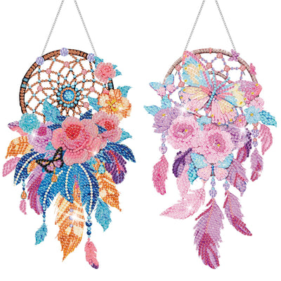 Saillong 2 Pcs Dream Catcher Diamond Art Painting Kits for Adults DIY Summer Butterfly Flower Suncatcher Hanging Diamond Painting Art Wind Chime Hanging for Home Window Door Decor(Flower)