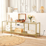 HOOBRO TV Stand with LED Lights and Power Outlets for TVs up to 75", Modern 63 Inch Tempered Glass TV Console Table with Open Shelves, Media Entertainment Center for Living Room, Gold GD165UDS01 HOOBRO