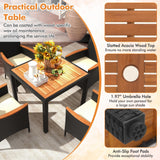Tangkula 5 Pieces Patio Dining Table Set for 4, Rattan Conversation Set with Umbrella Hole, Seat Cushions & Acacia Wood Tabletop, Outdoor Dining Table with 4 Chairs for Backyard, Poolside & Deck Tangkula