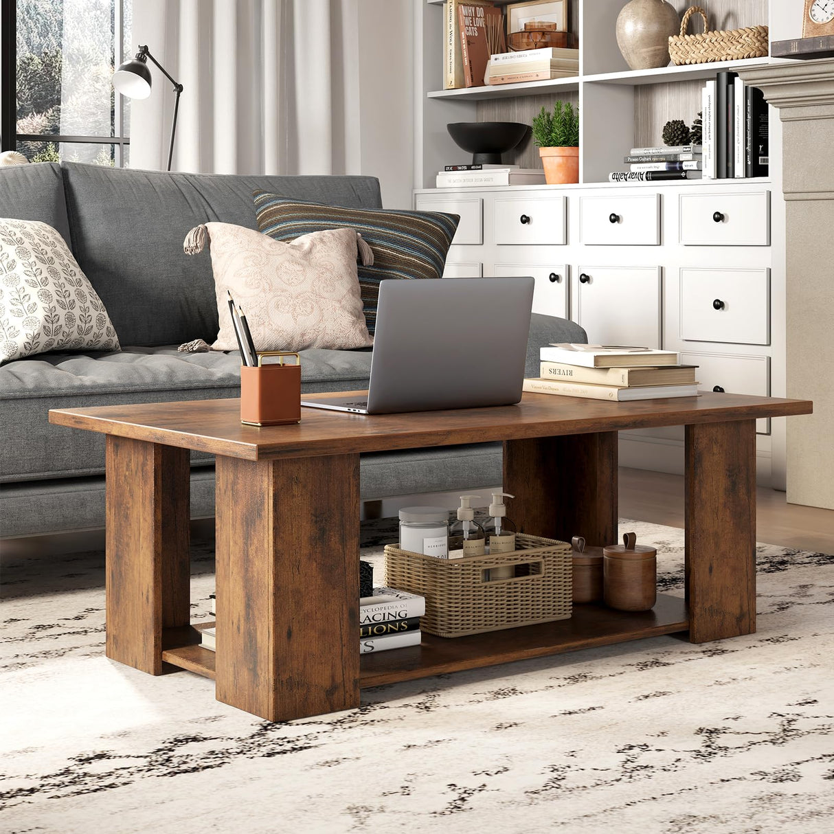 Tangkula 2-Tier Coffee Table, Modern Rectangular Center Cocktail Table with 5 Support Legs, Wooden Accent Living Room Furniture, Small Coffee Table for Small Spaces, Easy Assembly (Rustic Brown) Tangkula