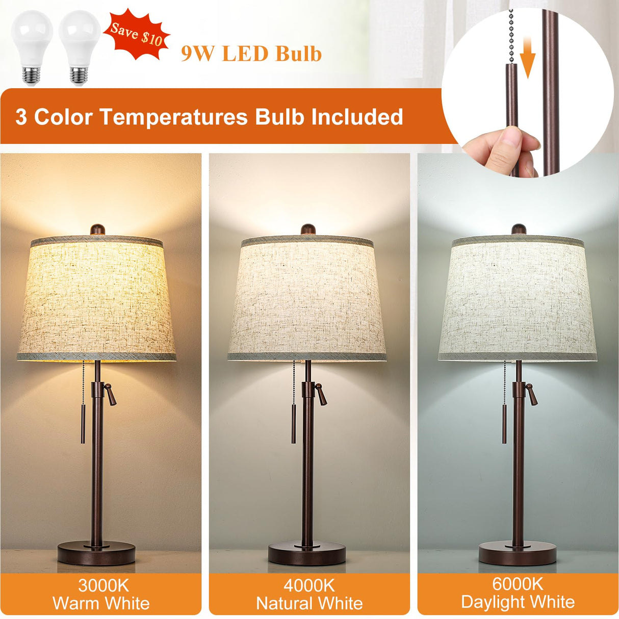 Table Lamps Set of 2, 22" to 30"Adjustable Height Bedside Lamps for Living Room 3 Color Temperatures Tall Nightstand Lamps Modern Brown Table Lamp for Bedroom Office End Table (Bulbs Included) JUNNAI