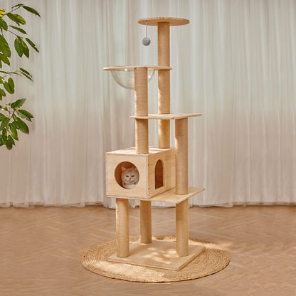 Lazyworm Modern Multi-Level Large Real Solid Wood Cat Tree, Luxury Wooden Cat Tower Cat Condo with Multi-Layer Platform for Indoor Cats - WoodArtSupply