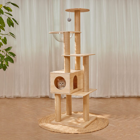 Lazyworm Modern Multi-Level Large Real Solid Wood Cat Tree, Luxury Wooden Cat Tower Cat Condo with Multi-Layer Platform for Indoor Cats lazyworm