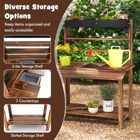 Costzon Kids Potting Bench, Wood Toy Gardening Center with 4 Pots, Chalkboard, Removable Sink, Storage Shelves, Mud Kitchen for Kids Outdoor Play Kitchen, Gift for Boys Girls 3+ Costzon