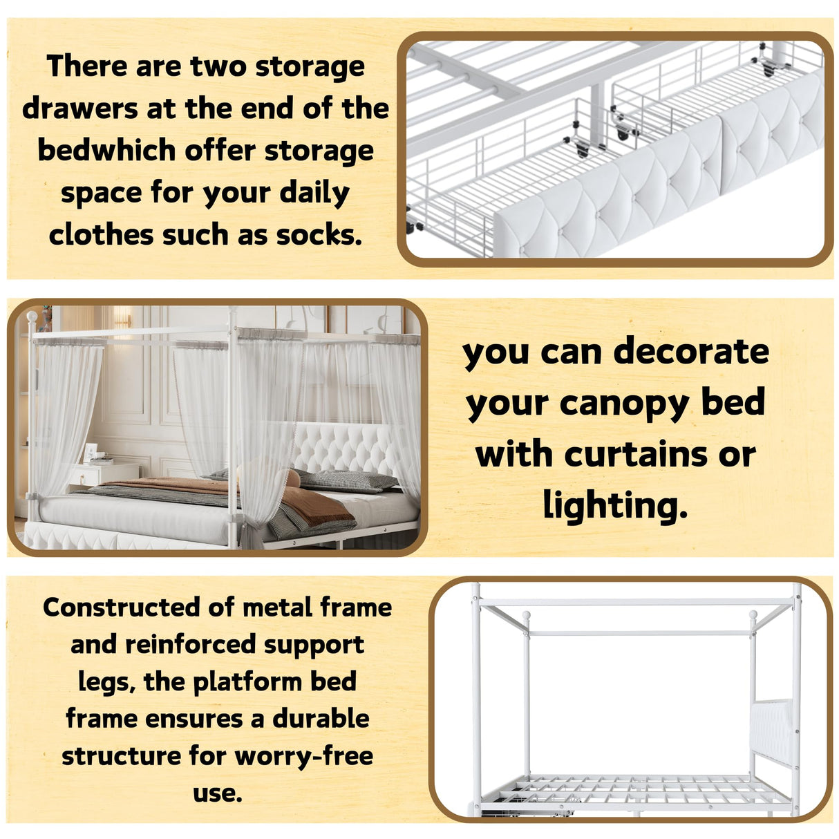 SOFTSEA Metal Canopy Bed Frame Queen Size Upholstered Canopy Bed Frame with 2 Drawer, Four-Poster Metal Platform Bed with Upholstered Headboard, White SOFTSEA