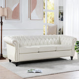 Ball & Cast 84" Chesterfield Leather Sofa with Channel Tufted Seat Back,Classic 3 Seater Couch w/Roll Arm Nailhead Trim and Upholstered,Mid Century Furniture for Living Room,Bedroom,Office,White PU Ball & Cast