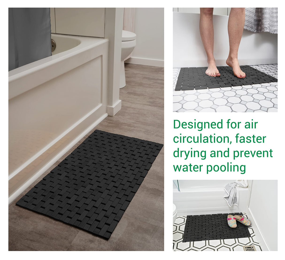 Black Bath Mat for Bathroom and Shower - 16 x 24 Inches (W x L) Bamboo Wood Rug Pad, Bathmat for Hot Tub Spa Sauna RV Camper Outdoor ZPirates