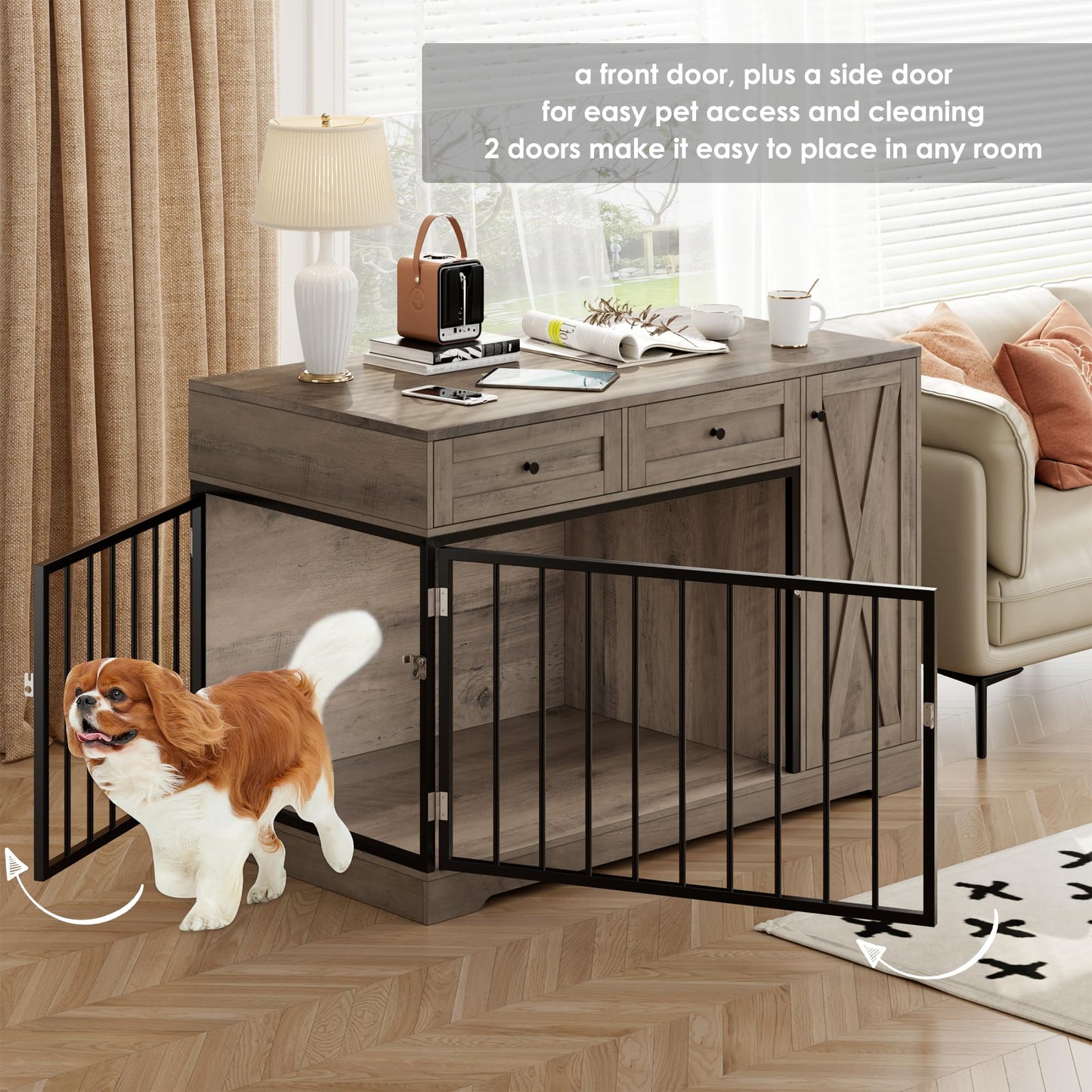 Dog Crate Furniture Kennel with Double Doors Wooden Pet House with 2 Drawers and Storage Cabinet, Indoor Dog Cage Farmhouse Modern Side End Table for Small Medium Dogs, Rustic
